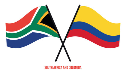 South Africa and Colombia Flags Crossed And Waving Flat Style. Official Proportion. Correct Colors.