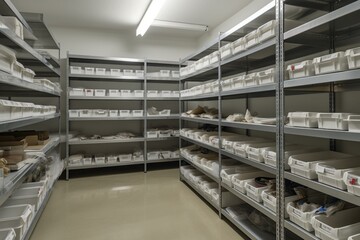 Storage facility with organized shelves and drawers. Generative AI