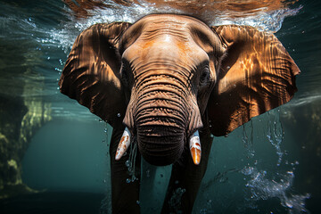 Swimming African Elephant Underwater. Big elephant in ocean with air bubbles and reflections on water surface. 