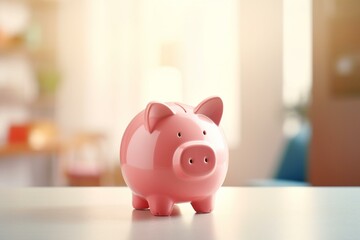 Piggy bank in room, blurred background; saving money, future plan, retirement fund, business, finance, saving, investment. Generative AI