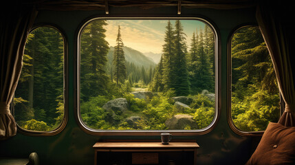 Looking out a recreational vehicle window at a pine tree forest and mountains