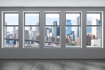 Downtown New York City Lower Manhattan Skyline Buildings. High Floor Window. Expensive Real Estate. Empty room Interior Skyscrapers View Cityscape. Financial district. Brooklyn Bridge. 3d rendering.