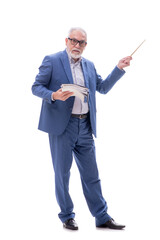 Old boss holding heavy pile isolated on white