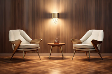two modern chairs in a modern room with wooden floor