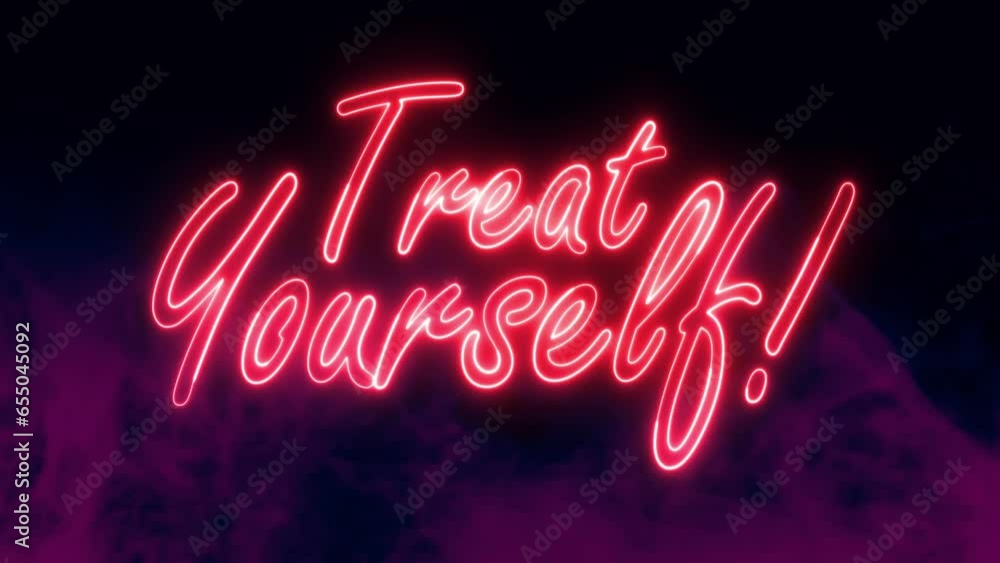 Poster treat yourself text font with neon light. luminous and shimmering haze inside the letters of the tex