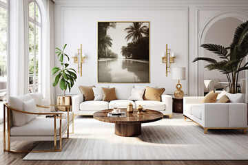 white living room with gold accents and plants and wood. - obrazy, fototapety, plakaty