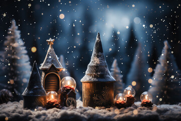 Magical Christmas winter composition with a snowy forest and burning candles New Year festive background