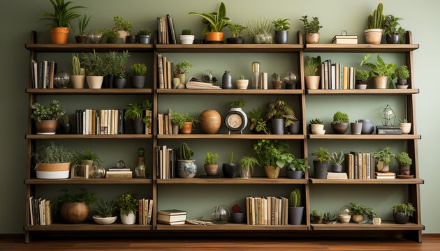 Bookshelf With Books And Vases And Plants, Decoration With Plants, Urbanism Concept