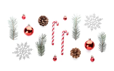 Poster Christmas tree branches with balls, snowflakes and candy canes on white background © Pixel-Shot