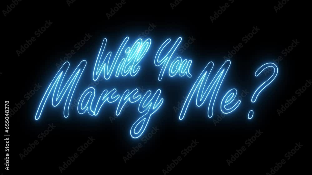 Poster will you marry me text font with neon light. luminous and shimmering haze inside the letters of the 