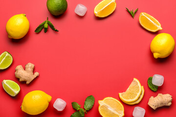 Frame made of ingredients for preparing lemonade on red background