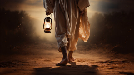 lantern illuminating way someone walking wearing sandals. Concept for Psalm 119:105  