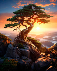 View of a tree on the top of a mountain and an amazing dawn. Illustration. Created with AI technology - 655048891