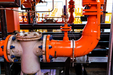 
Close-up of used flanges and welded pipes starting to rust with heavy metal fitting bolts on pipes...
