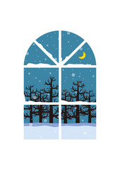 冬の季節、窓から月と雪景色の森が見えるイラスト