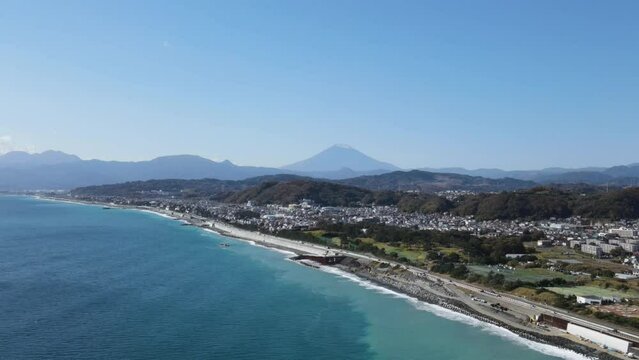 日本の風景・大磯・富士山のドローン映像
