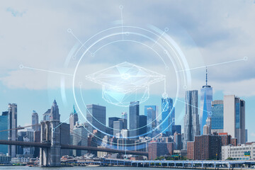 Brooklyn bridge with New York City Manhattan, financial downtown skyline panorama at day time over...