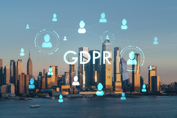 New York City skyline from New Jersey over Hudson River with Hudson Yards skyscrapers at sunset. Manhattan, Midtown. GDPR hologram, concept of data protection, regulation, privacy for all individuals