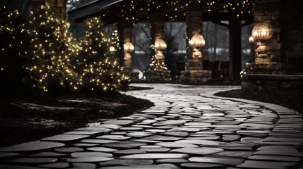 Gordijnen Cobblestone walkway - Christmas decorations - low angle shot - bakeh - worm’s eye view - white lights - black and white - monochrome - background © Jeff