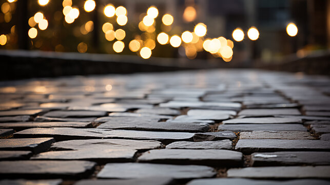 Cobblestone path - blurred Christmas lights in the background - worm&rsquo;s eye view - low angle shot - bakeh - background - holiday devorations - festive 