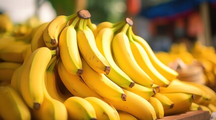 Pile of ripe bananas at market stall. Bananas bunches at street market.
