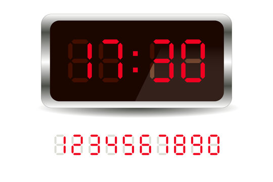 Red digital clock illustration and number set.