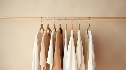 Wooden hangers with sweaters over beige background with copy space. Clothing donations, conscious and environmentally friendly consupmtion - new trends in shopping, slow fashion concept