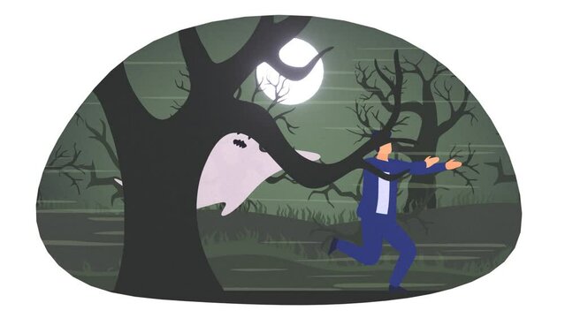 2d animation of a scared, frightened man running away from a ghost in spooky forest