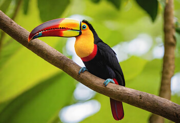 Fototapeta premium Toucan. Bird. Tropical. Exotic. Beak. Wildlife. Colorful. Rainforest. Nature. Feathers. Avian. Vibrant. Exotic Bird. Biodiversity. Tropical Bird. Fauna. Rainforest Canopy. Plumage. AI Generated.