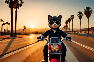 Foto op Plexiglas a closeup photorealistic photograph of a knitted cute cat made of crochet wearing stylish sunglasses and dressed in a beanie cap and riding on a motorcycle in Hollywood at sundown. Palm trees in the b © Zulfi_Art