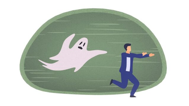 2d animation of a scared, frightened man running away from a spooky ghost
