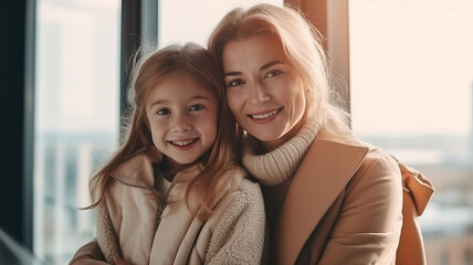Fototapeta premium Happy family preparing for school. Little girl with mother.