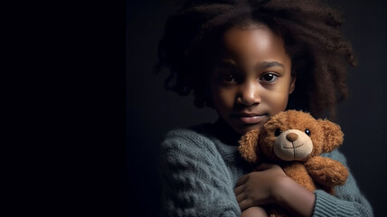 little african american girl hug her doll and cry or scare or sad or feel bad. - obrazy, fototapety, plakaty