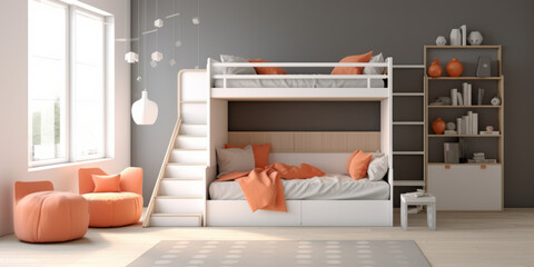 Modern teen bedroom featuring a custom-made with bunk bed, cozy and efficient generative ai