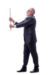 Old businessman holding metal stick isolated on white
