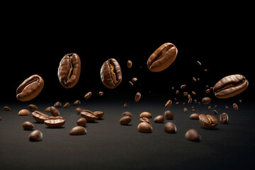 Coffee beans flying on black background