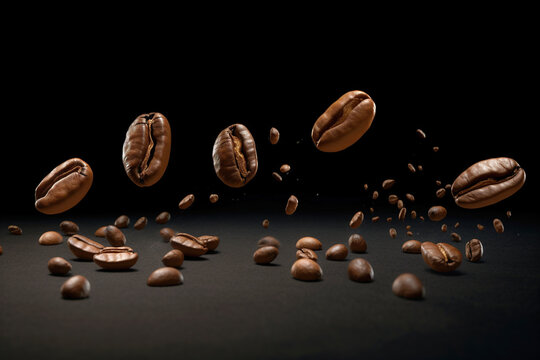 Coffee beans flying on black background © LeonPhoto