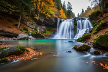 waterfall in autumn and dried leaves are scattered in water, waterfall background, waterfall wallpaper, tropical waterfall, waterfall wildlife
