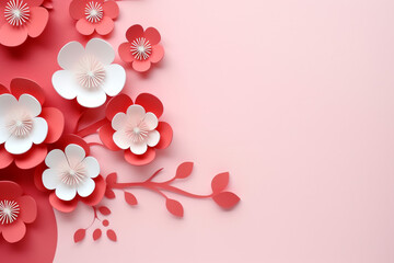 Fototapeta premium Paper cut flowers and leaves, Fresh spring nature background. Floral banner, poster, flyer template with copy space.