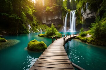 waterfall in the forest and wooden bridge over the lake, waterfall background, waterfall wallpaper, tropical waterfall, waterfall wildlife - Powered by Adobe