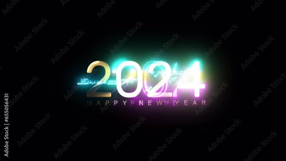 Poster 2024 happy new year golden text with light motion glitch cyber punk effect animation abstract backgr