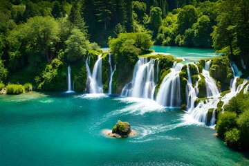 waterfall in lushly forest, waterfall in mountains with trees