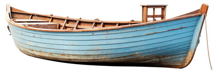 old blue wooden fishing boat isolated.