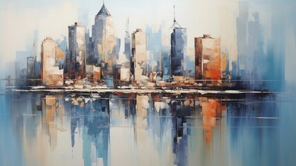 Skyline city view with reflections on water. Original oil painting on canvas - obrazy, fototapety, plakaty