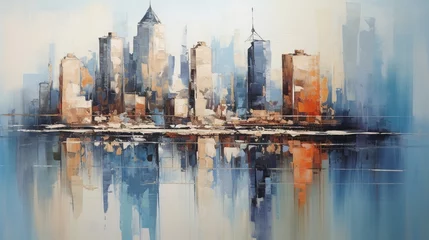 Fotobehang Skyline city view with reflections on water. Original oil painting on canvas © Samia
