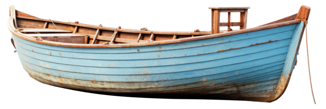 old blue wooden fishing boat isolated.