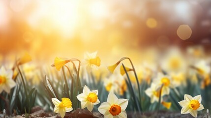 Spring Easter background with beautiful yellow daffodils - obrazy, fototapety, plakaty
