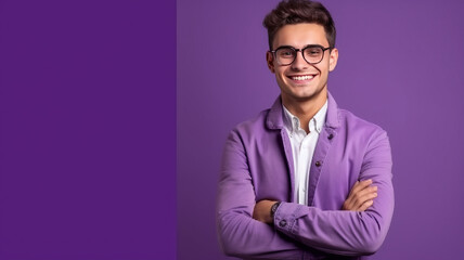 Young buisnessman wearing eyeglasses standing against purple background