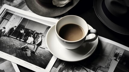 Still life details, cup of coffee and retro vintage black-and-white photos, top view point - obrazy, fototapety, plakaty