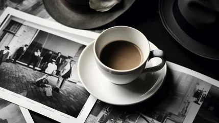 Deurstickers Still life details, cup of coffee and retro vintage black-and-white photos, top view point © Samia